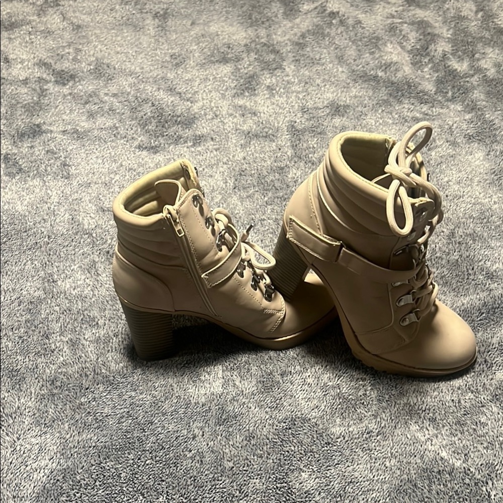 Tan Heeled Boots with Lace-Up Design